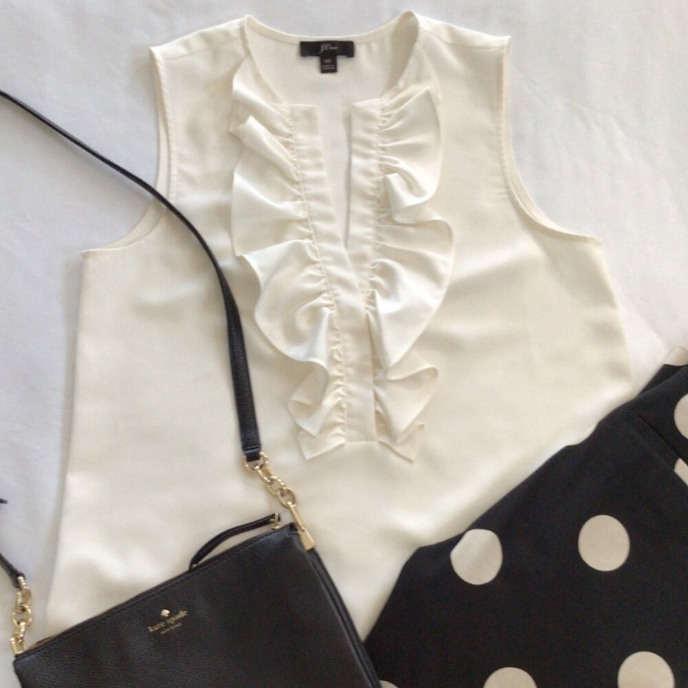 J Crew Ruffle Front Sleeveless Top in Satin Crepe Ivory Sz XS